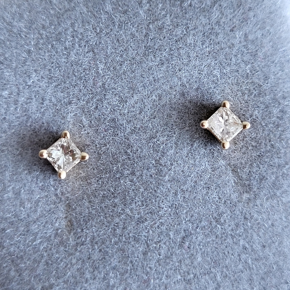 Diamond Princess Cut 14K Yellow Gold Stud Earrings